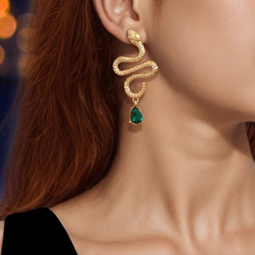 Gold Snake Drop Earrings with Green Gemstone